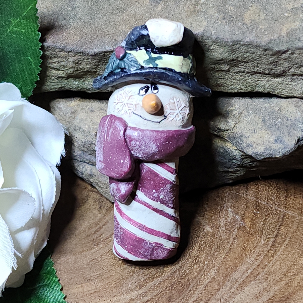 Vintage Primative Brooch Whimsical Candycane Striped Snowman with Scarf and Hat